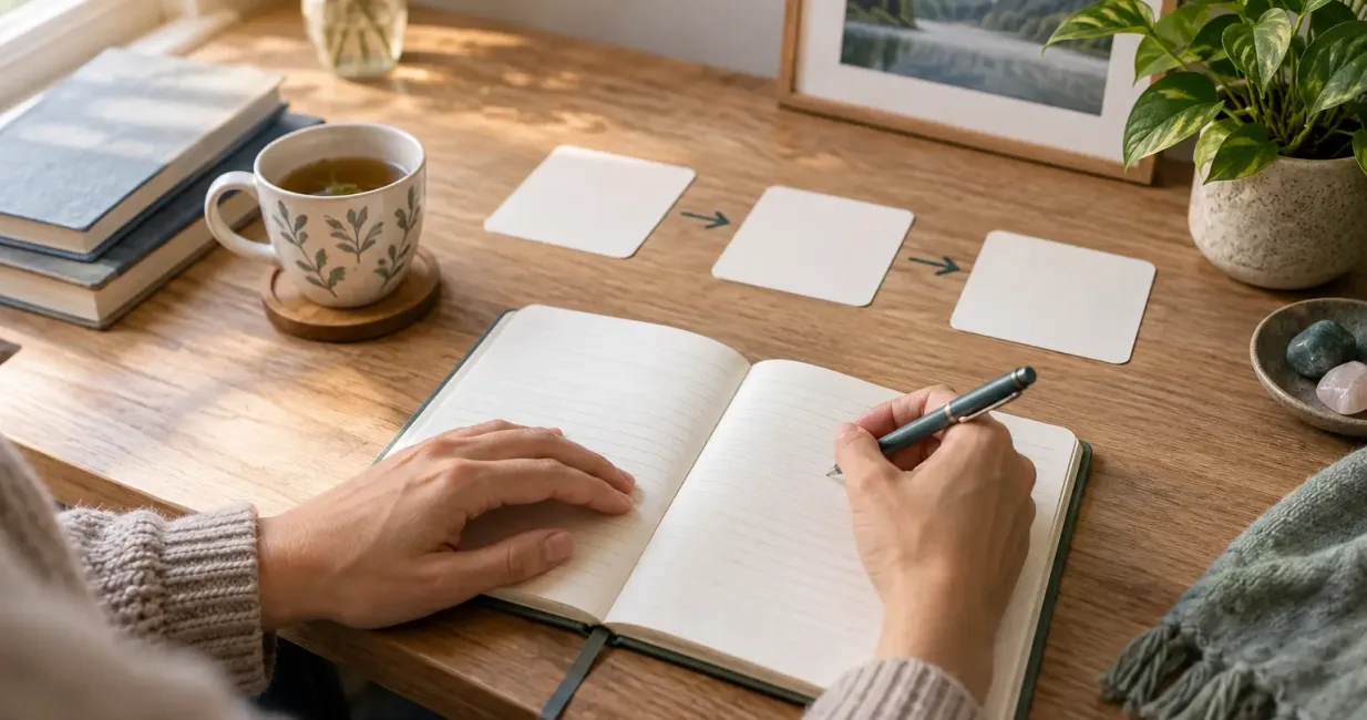 Hands writing in a journal beside blank thought cards and herbal tea on a calm desk
