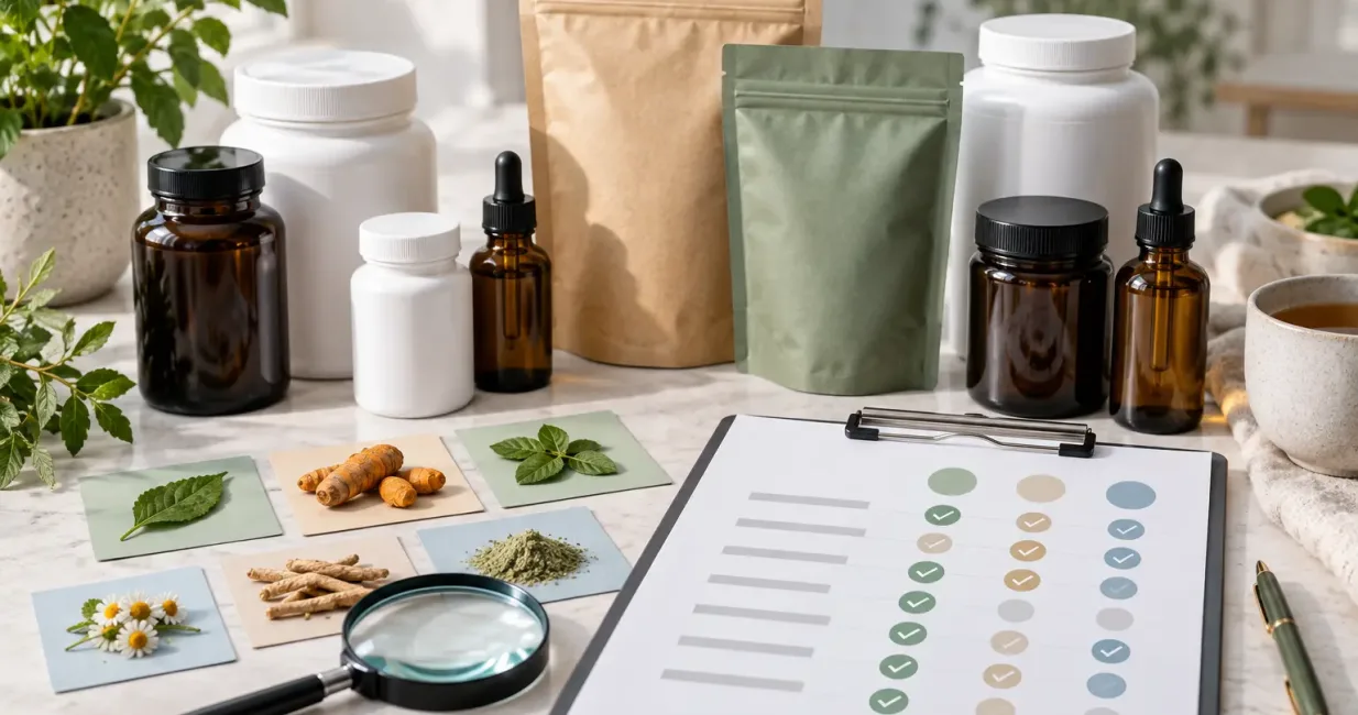 Unlabelled supplements, teas and tinctures arranged with a comparison checklist and magnifying glass