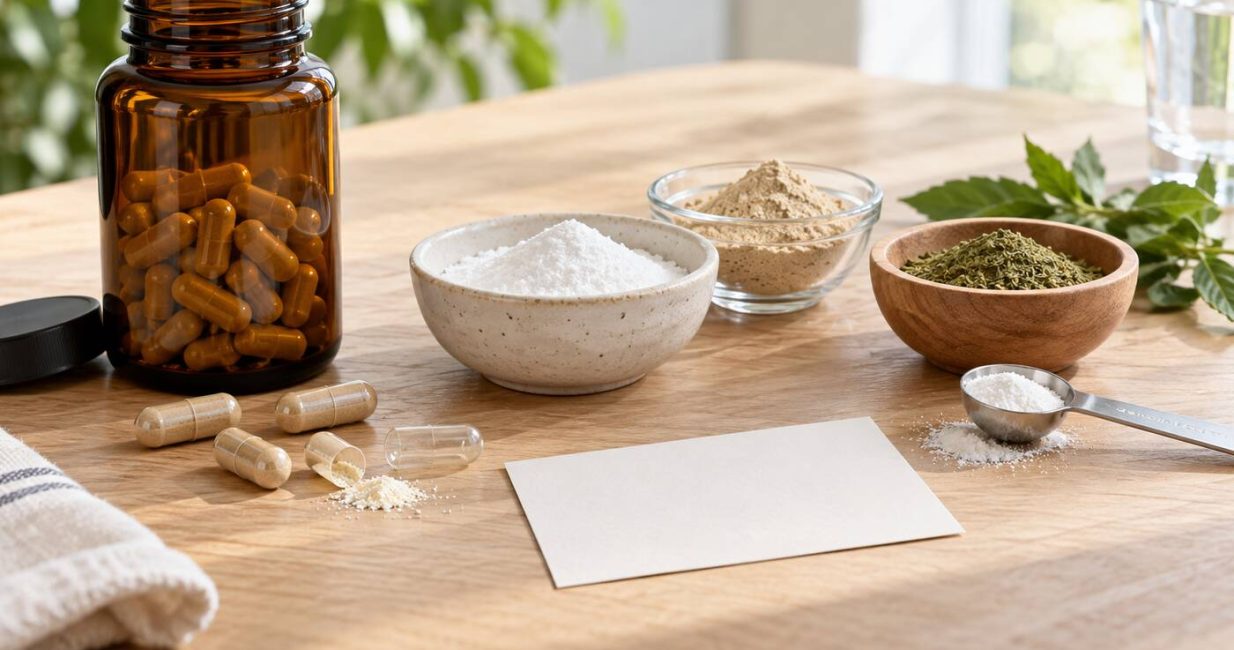 Capsules and small bowls of functional supplement powders beside a blank ingredient card