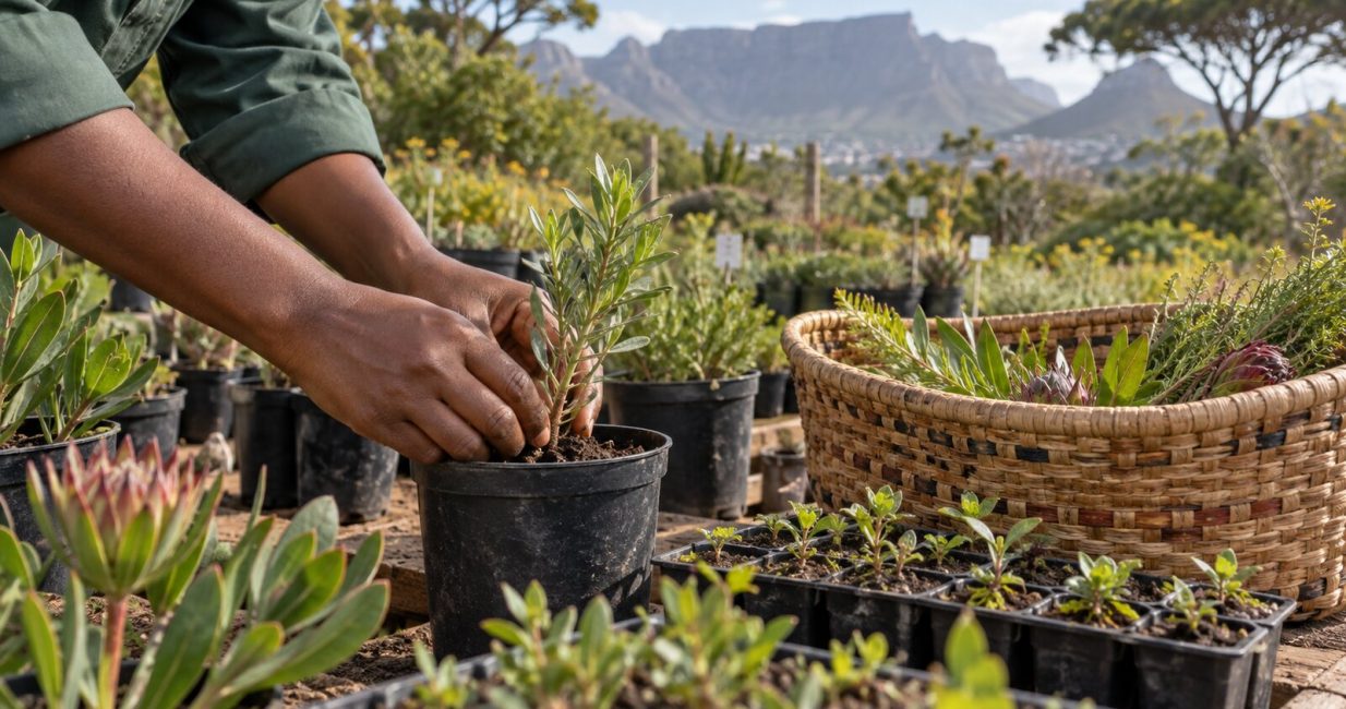 Hands tending cultivated Indigenous South African medicinal plants in a nursery