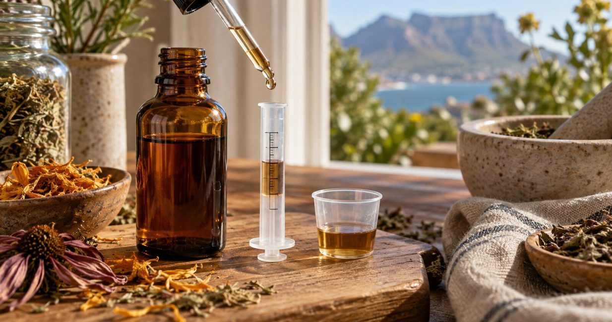 Herbal tincture dropper beside a calibrated oral syringe and measuring cup