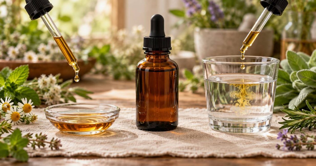 Amber herbal tincture bottle between a small dish and a glass of water with measured drops