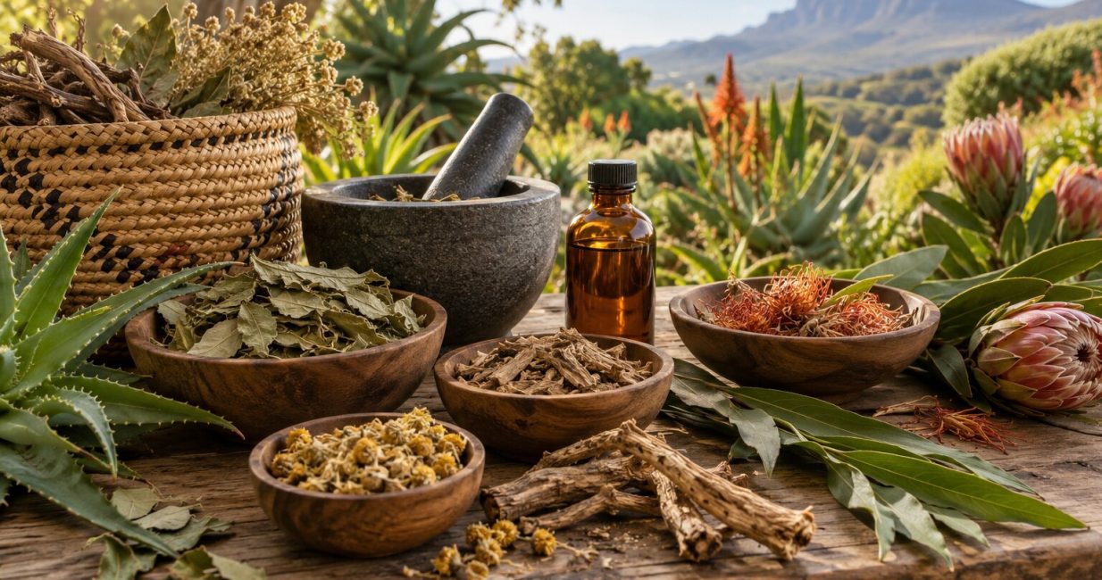 Traditional plant-based remedies, dried botanicals and mortar and pestle in a South African garden