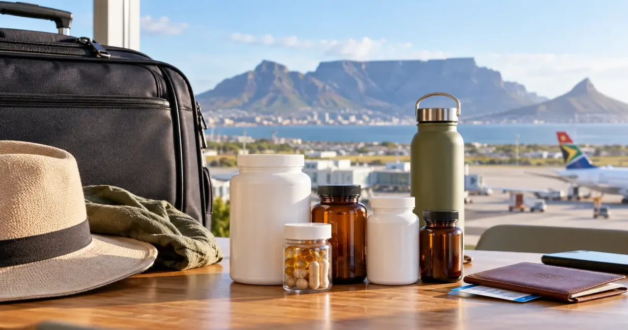 Unbranded supplement containers packed beside luggage at Cape Town airport