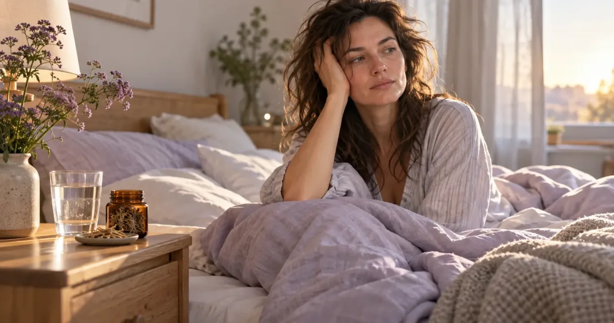 Woman waking groggy beside water and an unbranded jar of valerian root