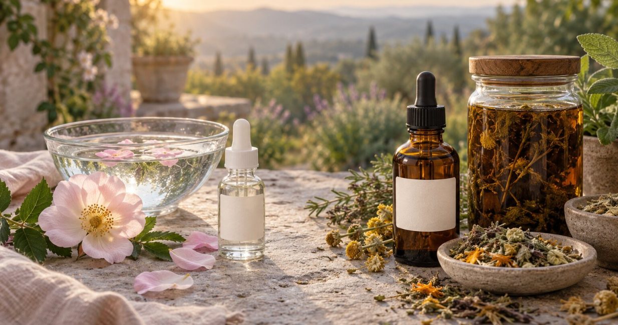 Clear flower essence beside amber herbal tincture and extracted botanicals