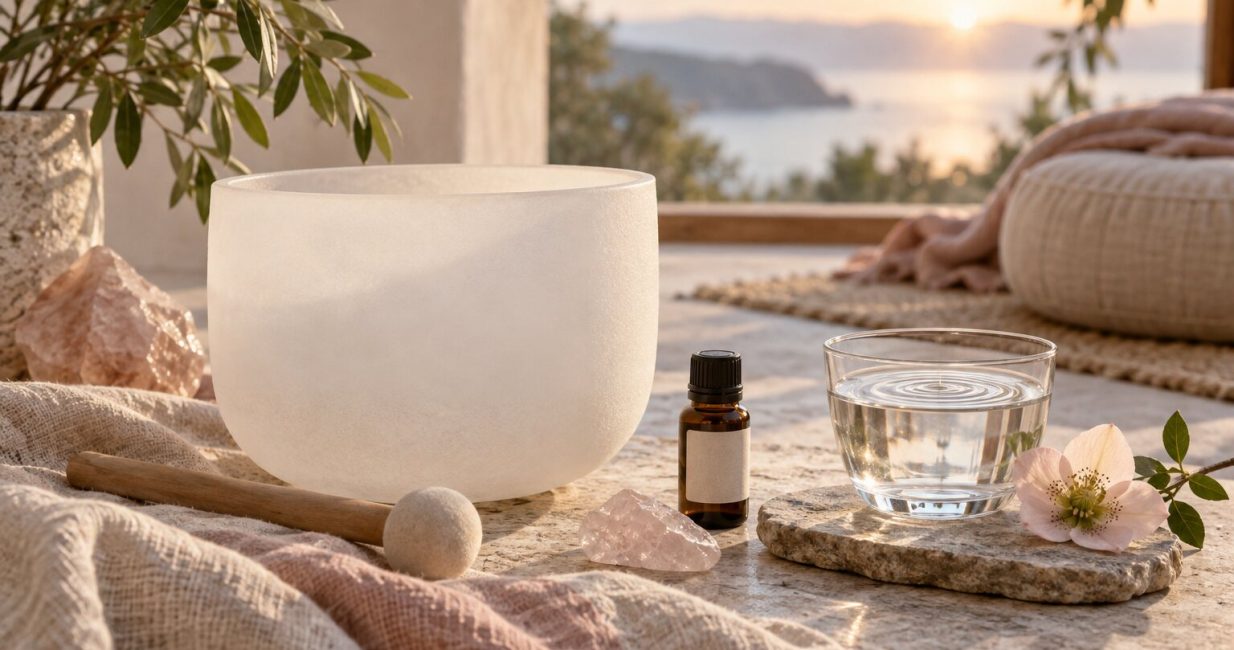 Crystal singing bowl, vibrational essence and water arranged in a peaceful meditation space