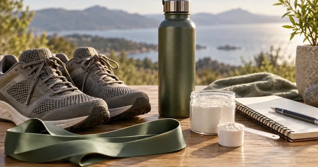Walking shoes, resistance band, water bottle and unlabelled supplement powder in morning light