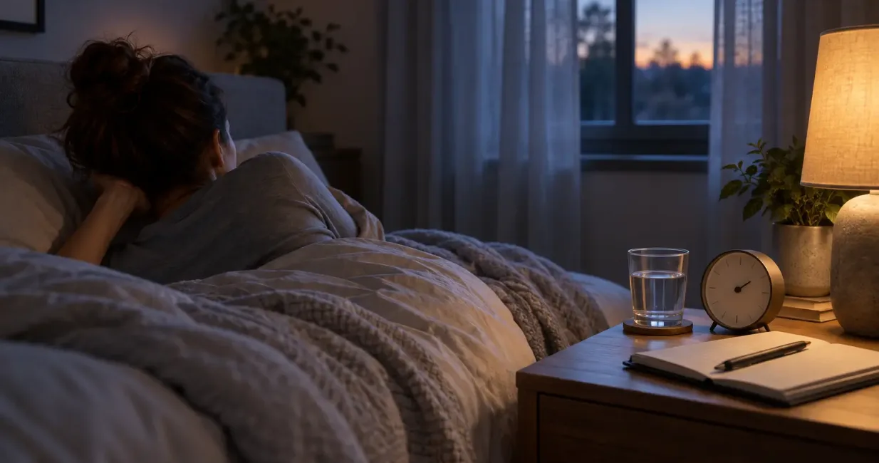 Adult awake in a calm dim bedroom beside water, an analogue clock and a sleep journal