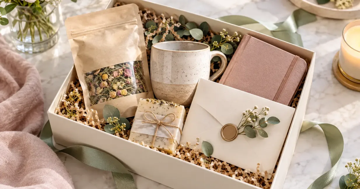 Thoughtful wellness gift box with herbal tea, journal, natural soap and gift voucher envelope