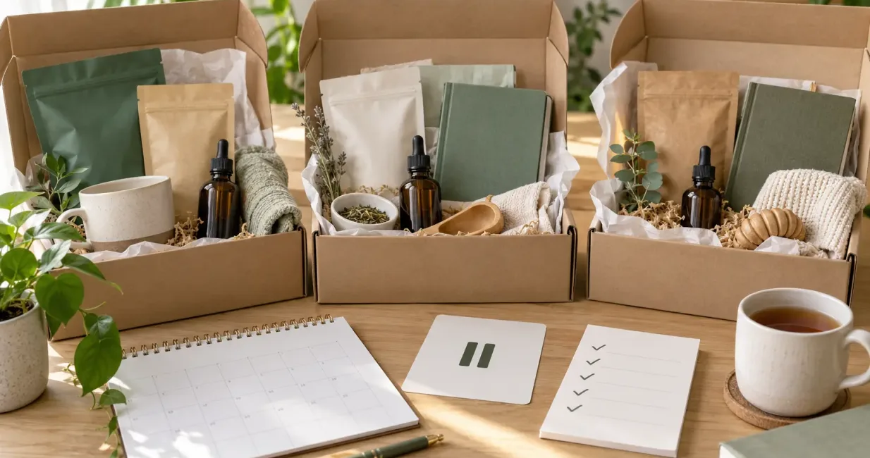 Three monthly wellness delivery boxes beside a calendar, pause card and checklist