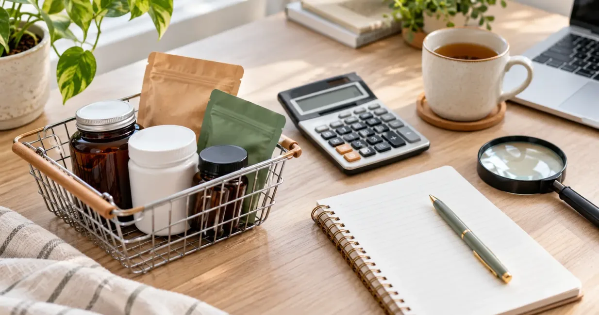 Unbranded wellness products in a basket with a calculator, notebook and magnifying glass