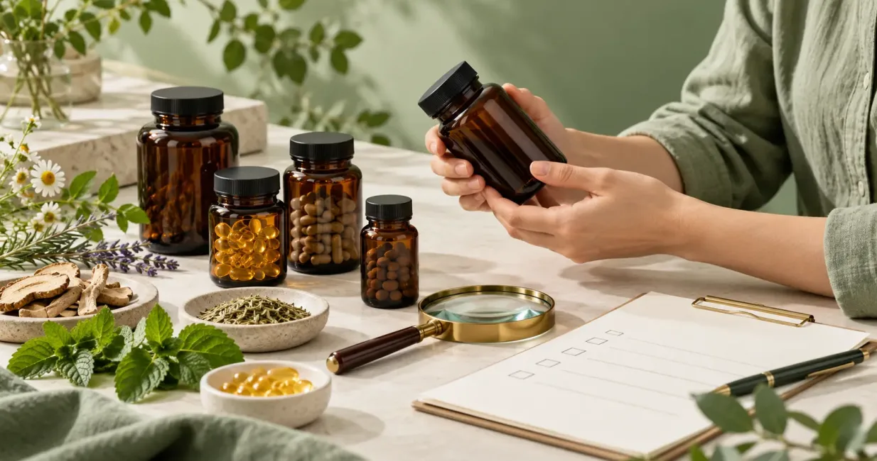 Unbranded wellness products being reviewed with a quality checklist and magnifying glass