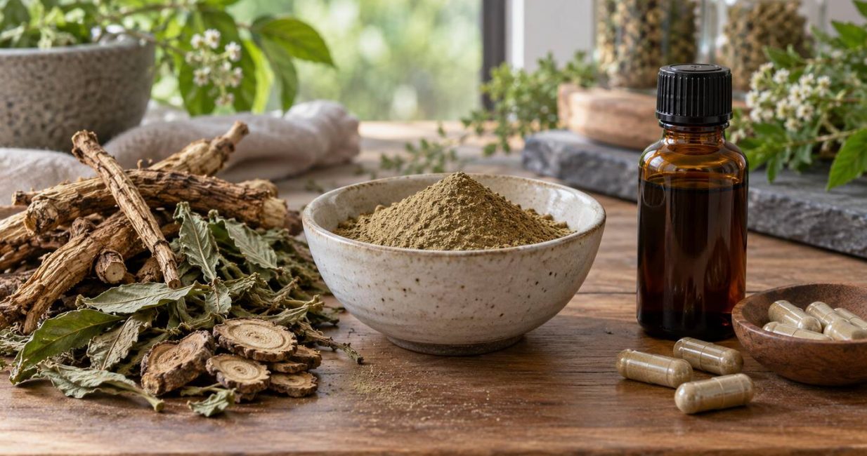 Dried roots and leaves, botanical powder, capsules and an amber herbal extract bottle