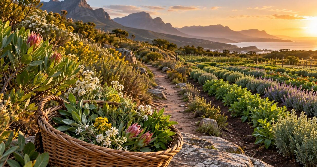 South African fynbos beside cultivated herb rows with a basket of sustainably gathered leaves and flowers
