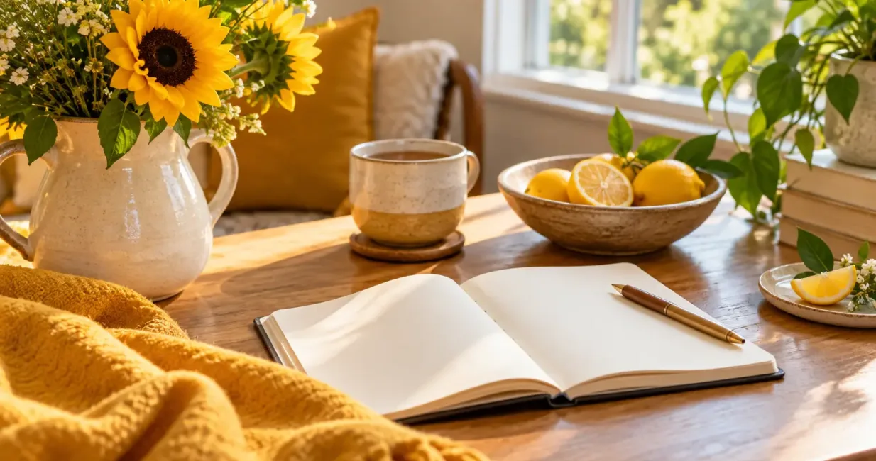 Sunlit yellow-toned room with sunflowers, a blank journal, tea and citrus fruit