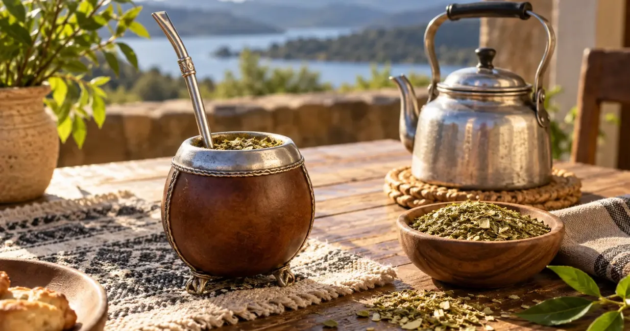 Traditional Yerba Maté gourd with bombilla, loose leaves and kettle on a warm wooden table