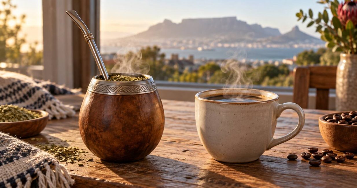 Yerba Maté gourd and bombilla beside a cup of coffee in warm Cape morning light