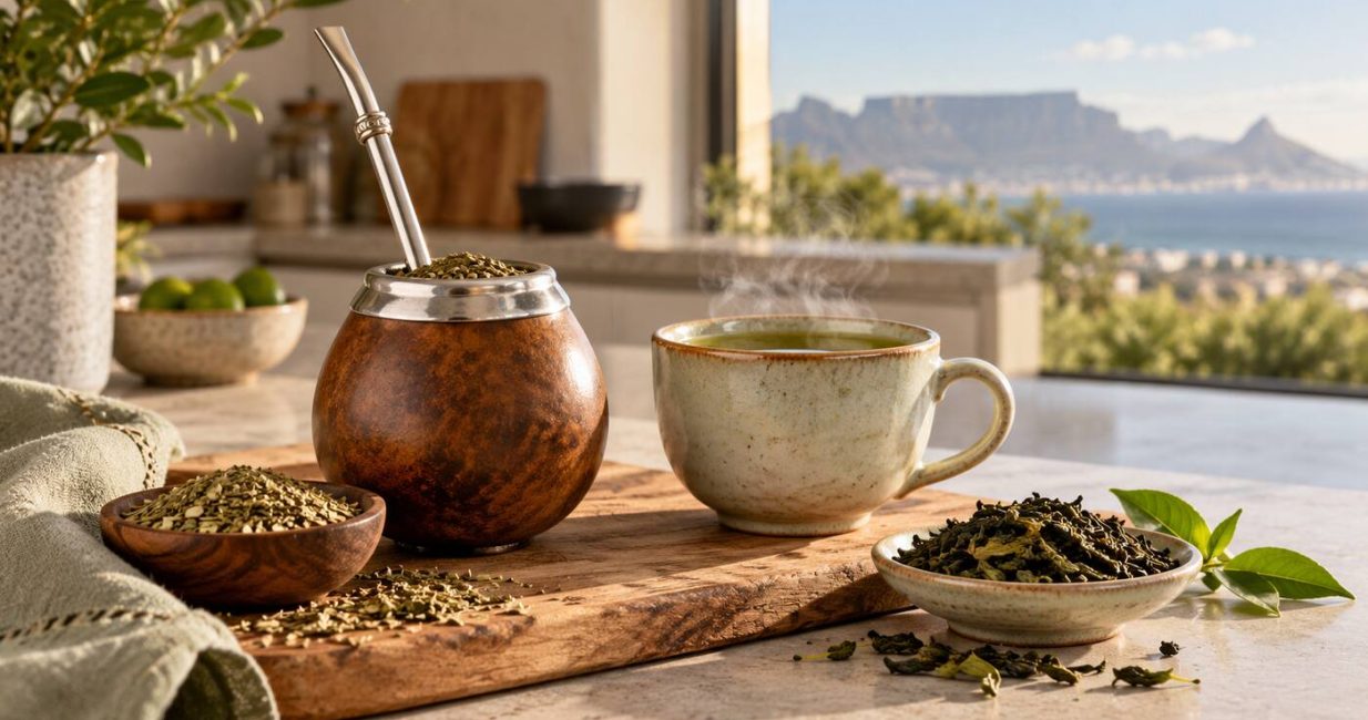 Traditional Yerba Maté gourd and bombilla beside a ceramic cup of green tea