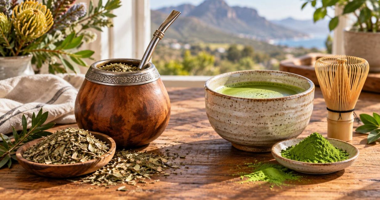 Yerba Maté gourd and bombilla beside a bowl of matcha and bamboo whisk