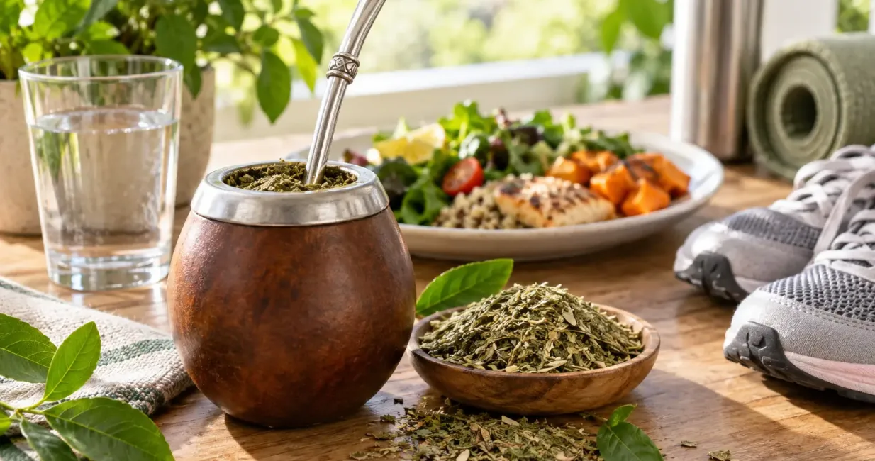 Yerba Maté gourd, loose leaves, water, balanced meal and walking shoes in morning light